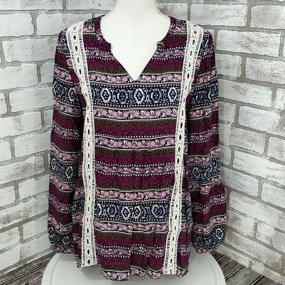 Angels Womens Top Size Medium Boho Long Sleeve Track Lace Babydoll Purple Blue